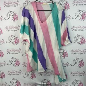 Dotti vintage top tshirt asymmetrical hem Colorful Striped V-Neck Women's Top